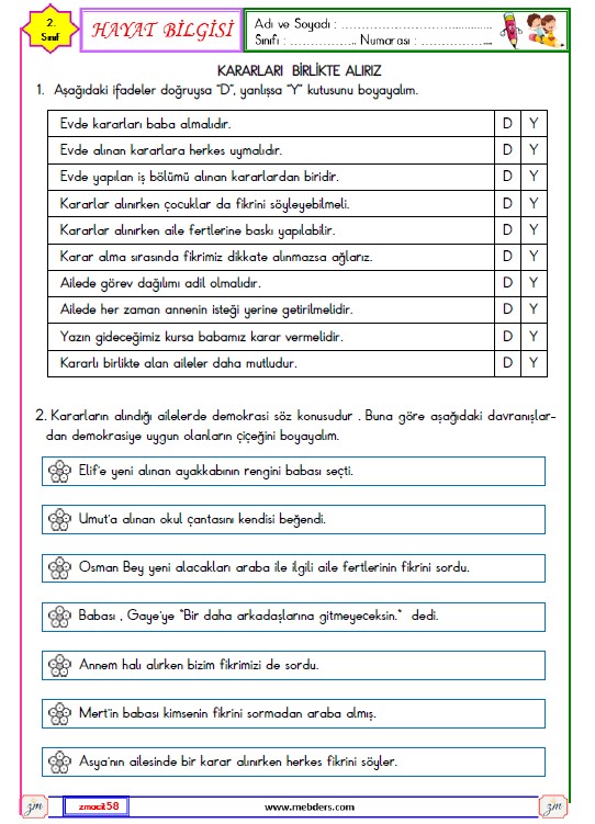 2. Sınıf Hayat Bilgisi Kararları Birlikte Alırız Etkinliği