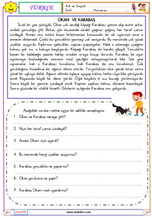 2. Sınıf Türkçe Okuma ve Anlama Metni Etkinliği ( Okan ve Karabaş )