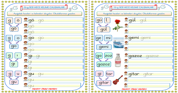 1. Sınıf İlk Okuma Yazma G-g Sesi Hece ve Kelime Çalışmaları