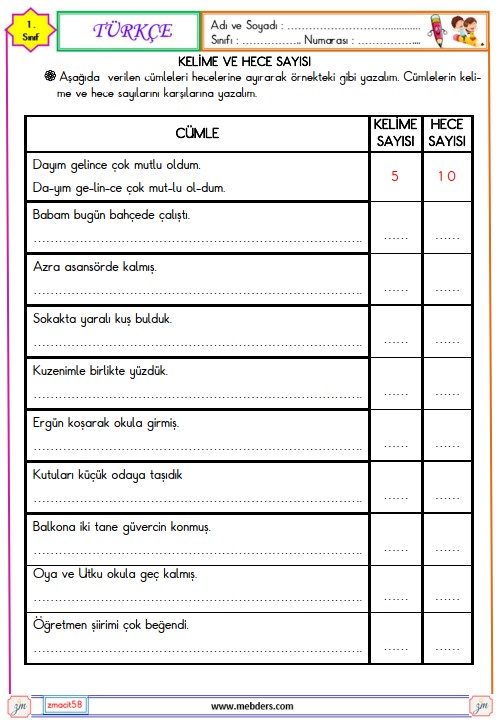 1. Sınıf Türkçe Kelime ve Hece Etkinliği