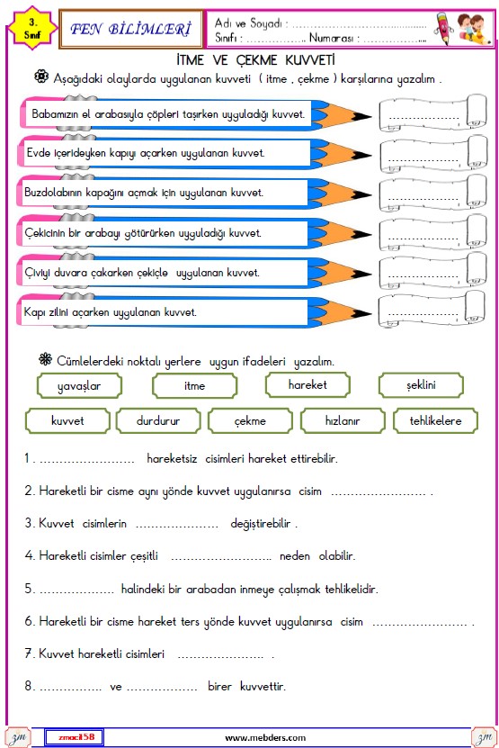 3. Sınıf Fen Bilimleri İtme  ve Çekme Kuvveti Etkinliği  1