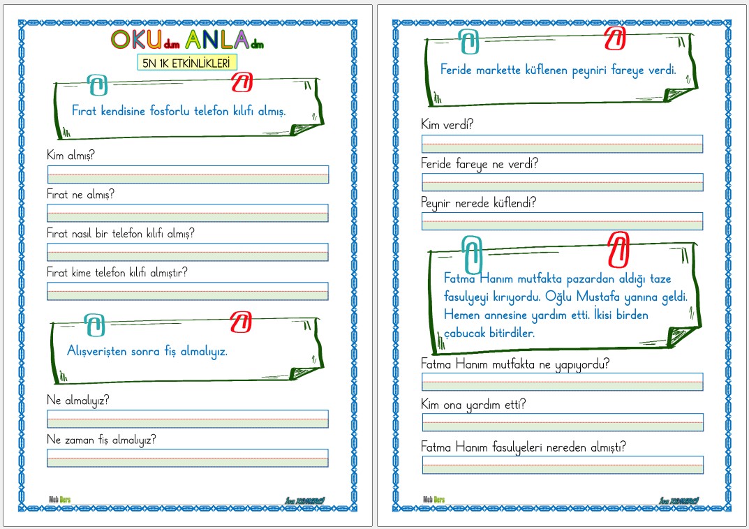 1. Sınıf İlk Okuma Yazma F Sesi OKUMA ANLAMA (5N 1K)