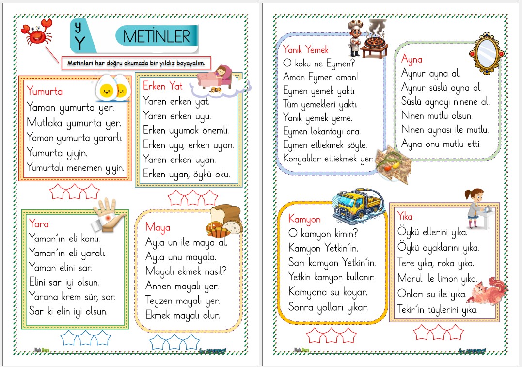 1. Sınıf İlk Okuma Yazma Y sesi METİNLER