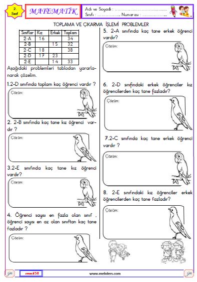 2. Sınıf Matematik Toplama ve Çıkarma İşlemi Problemleri Etkinliği 6