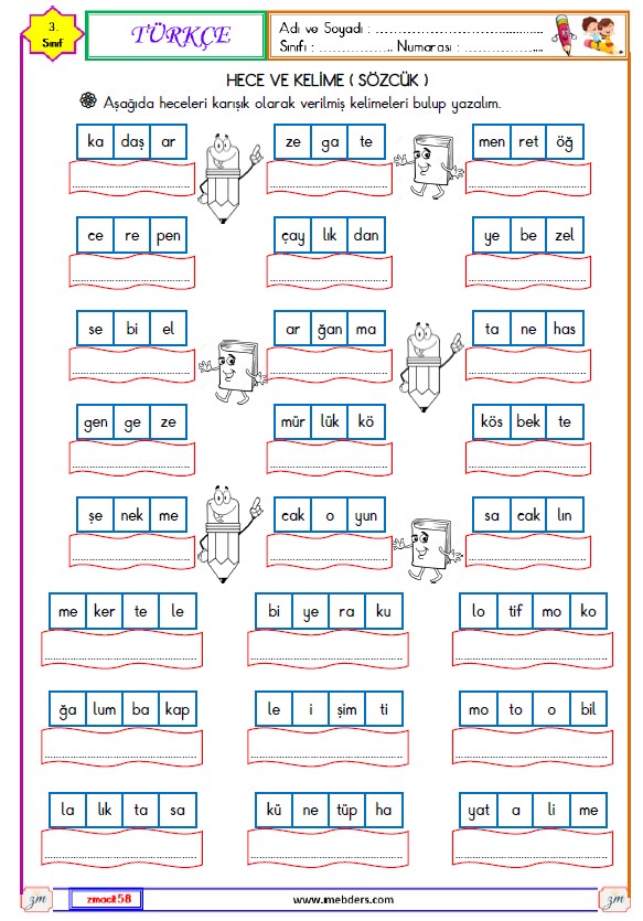 3. Sınıf Türkçe Hece ve Kelime Etkinliği 2