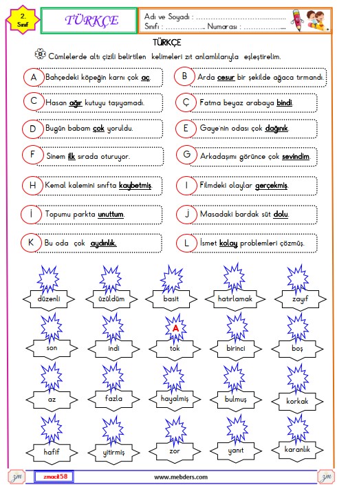 2. Sınıf Türkçe Zıt Anlamlı Kelimeler Etkinliği 8