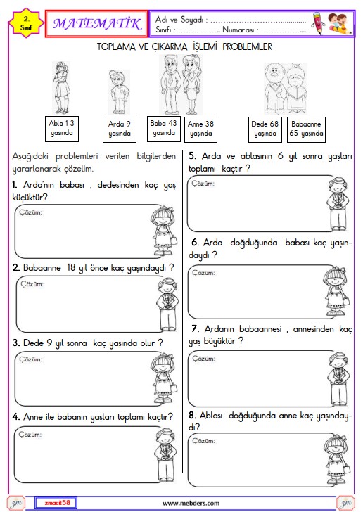 2. Sınıf Matematik Toplama ve Çıkarma İşlemi Problemleri Etkinliği 7