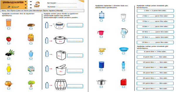 3.Sınıf Matematik Sıvı Ölçme (Litre ve Yarım Litre Birimleriyle Ölçme Yapalım) Etkinliği 2