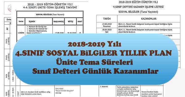 2018 - 2019 Yılı 4.Sınıf Sosyal Bilgiler Yıllık Plan, Ünite Süreleri, Sınıf Defteri Kazanım Listesi