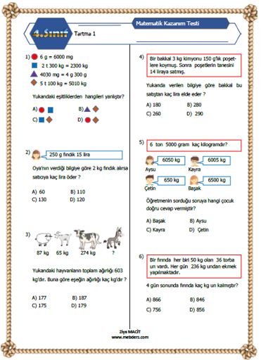 4. Sınıf Matematik Tartma Kazanım testi 2