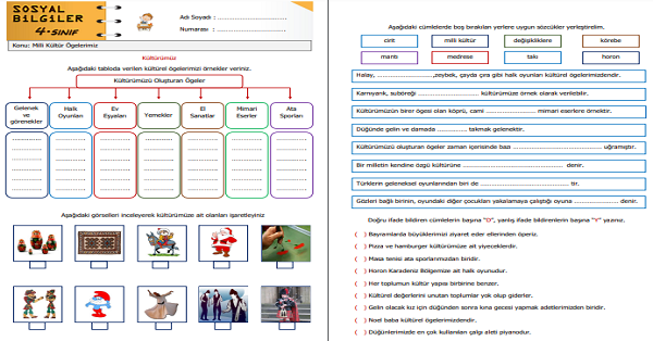 4.Sınıf Sosyal Bilgiler Milli Kültür Ögelerimiz Etkinliği
