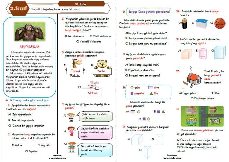 2.Sınıf Haftalık Değerlendirme Testi - 18.Hafta (16-20 Ocak)