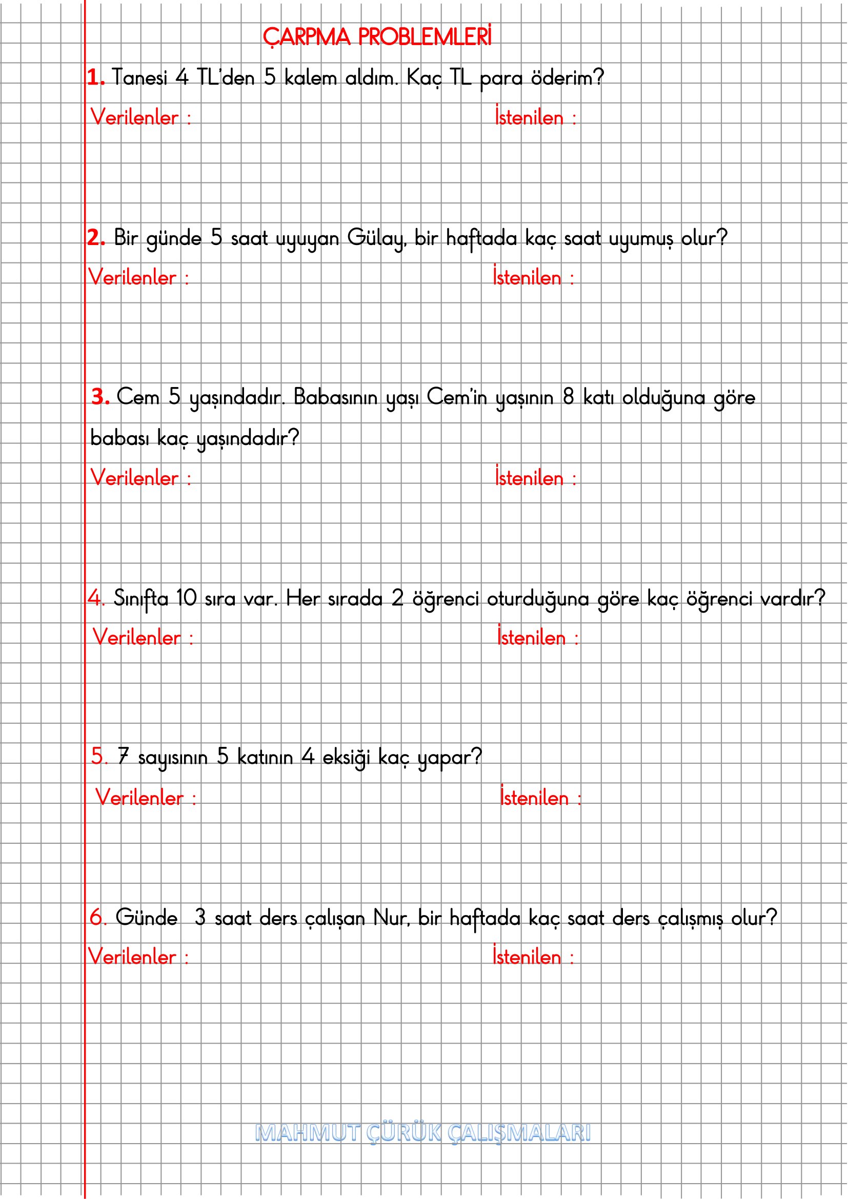 2.Sınıf Matematik Kareli Defterde Çarpma Problemleri