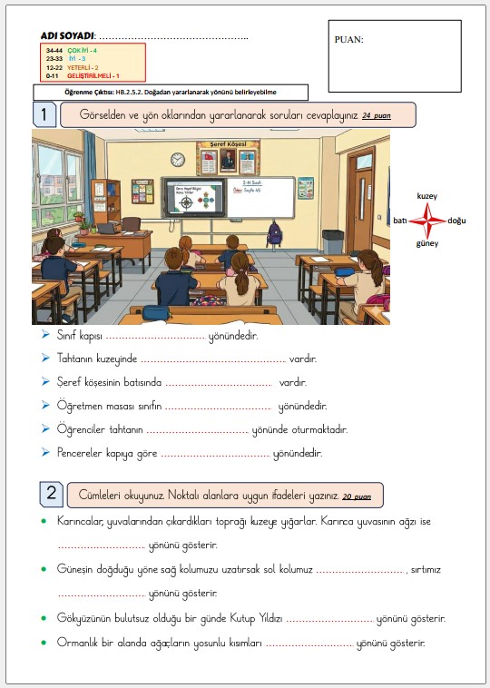 2. Sınıf Hayat Bilgisi Yönler konusu SÜREÇ DEĞERLENDİRME