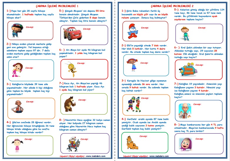 3.Sınıf Matematik Çarpma İşlemi Problemleri    ( 5 Sayfa - 32 Soru)