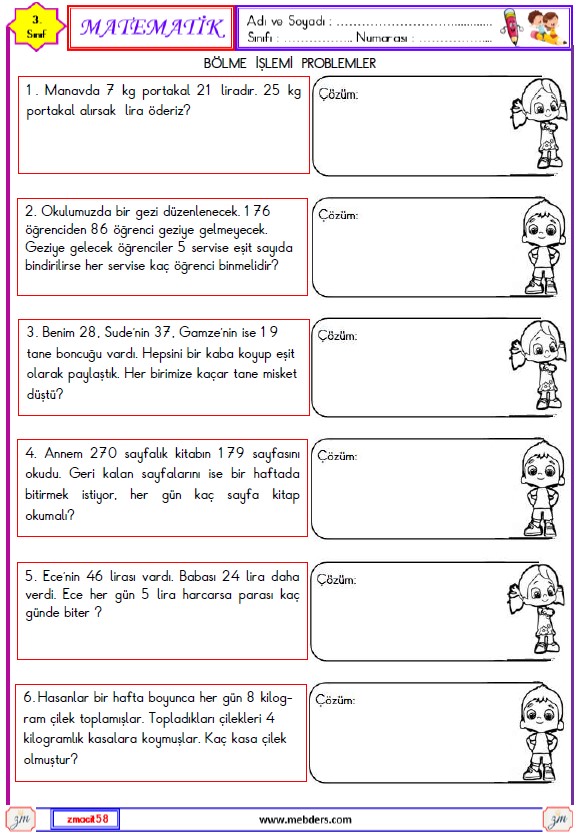 3. Sınıf Matematik Bölme İşlemi Problemler Etkinliği 7