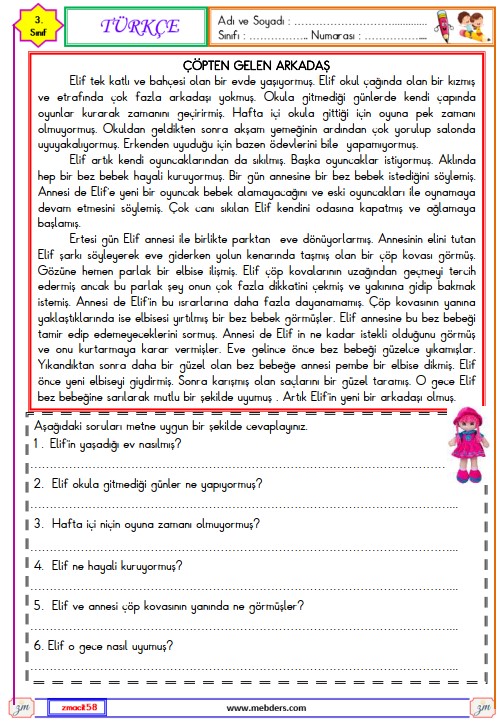 3. Sınıf Türkçe Okuma ve Anlama Metni  Etkinliği (Çöpten Gelen Arkadaş )