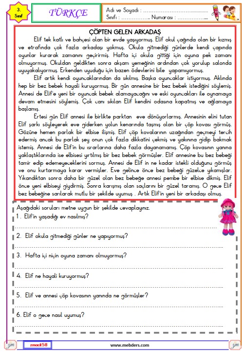 3. Sınıf Türkçe Okuma ve Anlama Metni  Etkinliği (Çöpten Gelen Arkadaş )