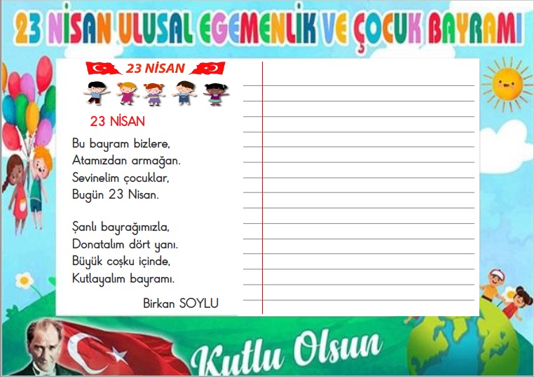 1.Sınıf Türkçe Güzel Yazı Çalışması  3     (23 Nisan Şiiri)