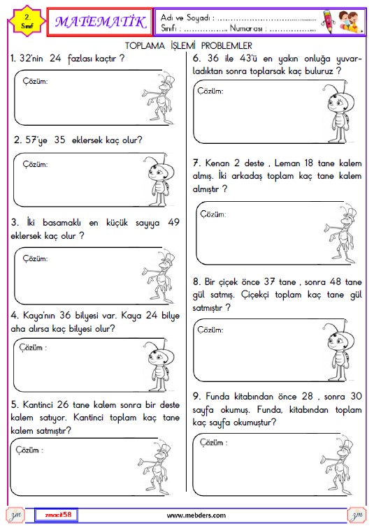 2. Sınıf Matematik Toplama İşlemi Problemleri Etkinliği 2