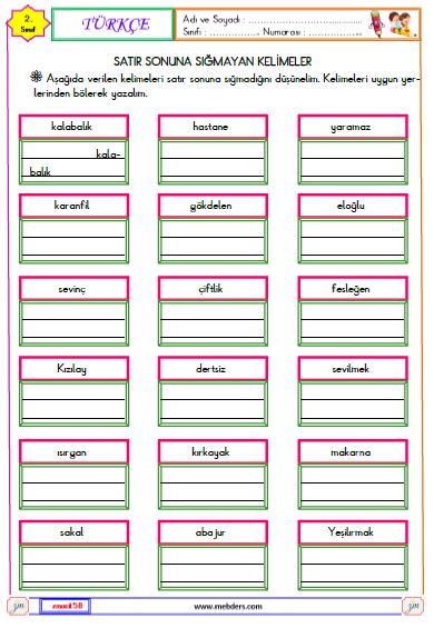 2. Sınıf Türkçe Satır Sonuna Sığmayan Kelimeler Etkinliği 3