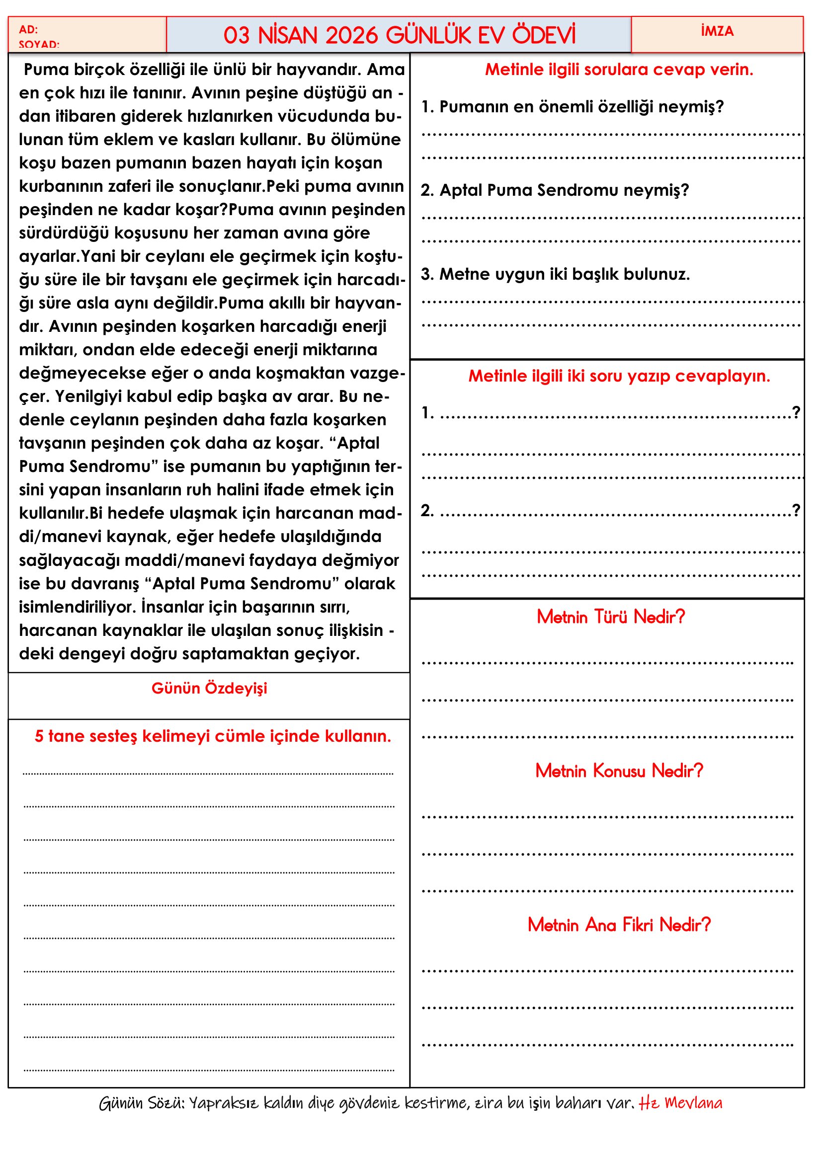 4.Sınıf - 03 Nisan 2026 Günlük Ev Ödevleri