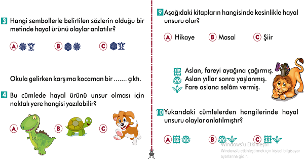 2.Sınıf Türkçe Hayal ve Gerçek Unsurlar Kazanım Testi