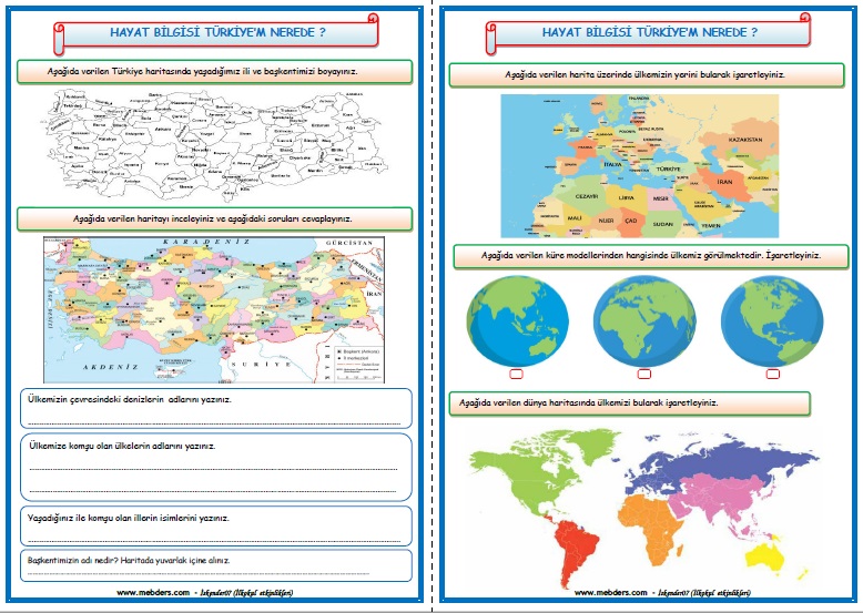 2.Sınıf Hayat Bilgisi Türkiye'm Nerede? Etkinlik Çalışması