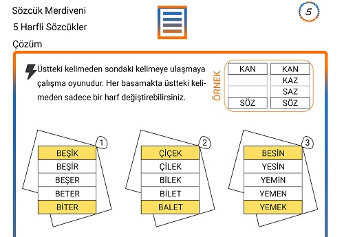 Sözcük Merdiveni Zeka Etkinliği Çözümleri