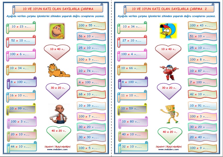 3.Sınıf Matematik 10 ve 10'un Katı Olan  Sayılarla Çarpma İşlemi 1-2   (2 Sayfa)