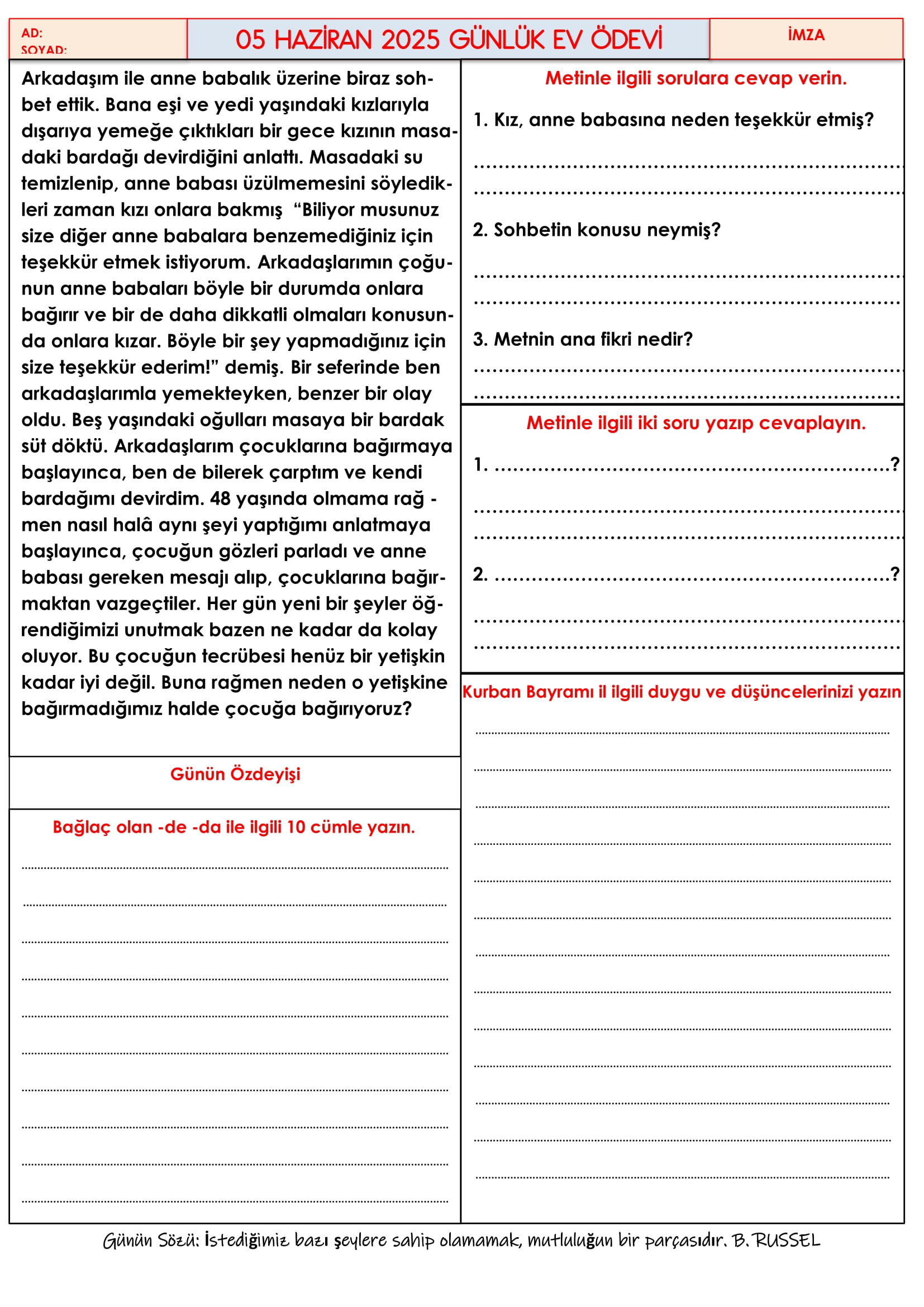 4.Sınıf 05 Haziran 2025 Günlük Ev Ödevi
