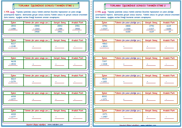 4.Sınıf Matematik Toplama İşleminde Sonucu Tahmin Etme (2 sayfa)