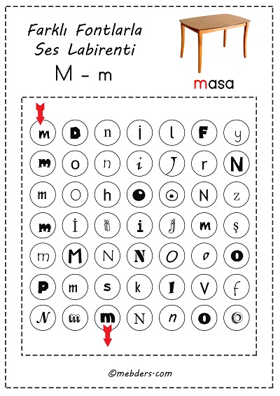 Farklı fontlarla ses labirenti - m sesi