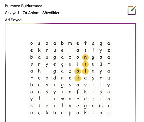 Bulmaca Buldurmaca Etkinliği - Zıt Anlamlı Sözcükler