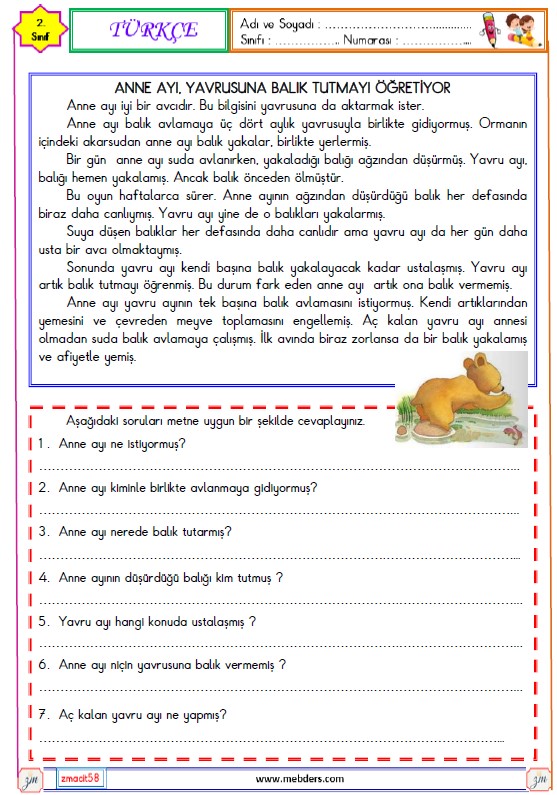 2. Sınıf Türkçe Okuma ve Anlama Metni Etkinliği (Anne Ayı Yavrusuna Balık Tutmayı Öğretiyor)
