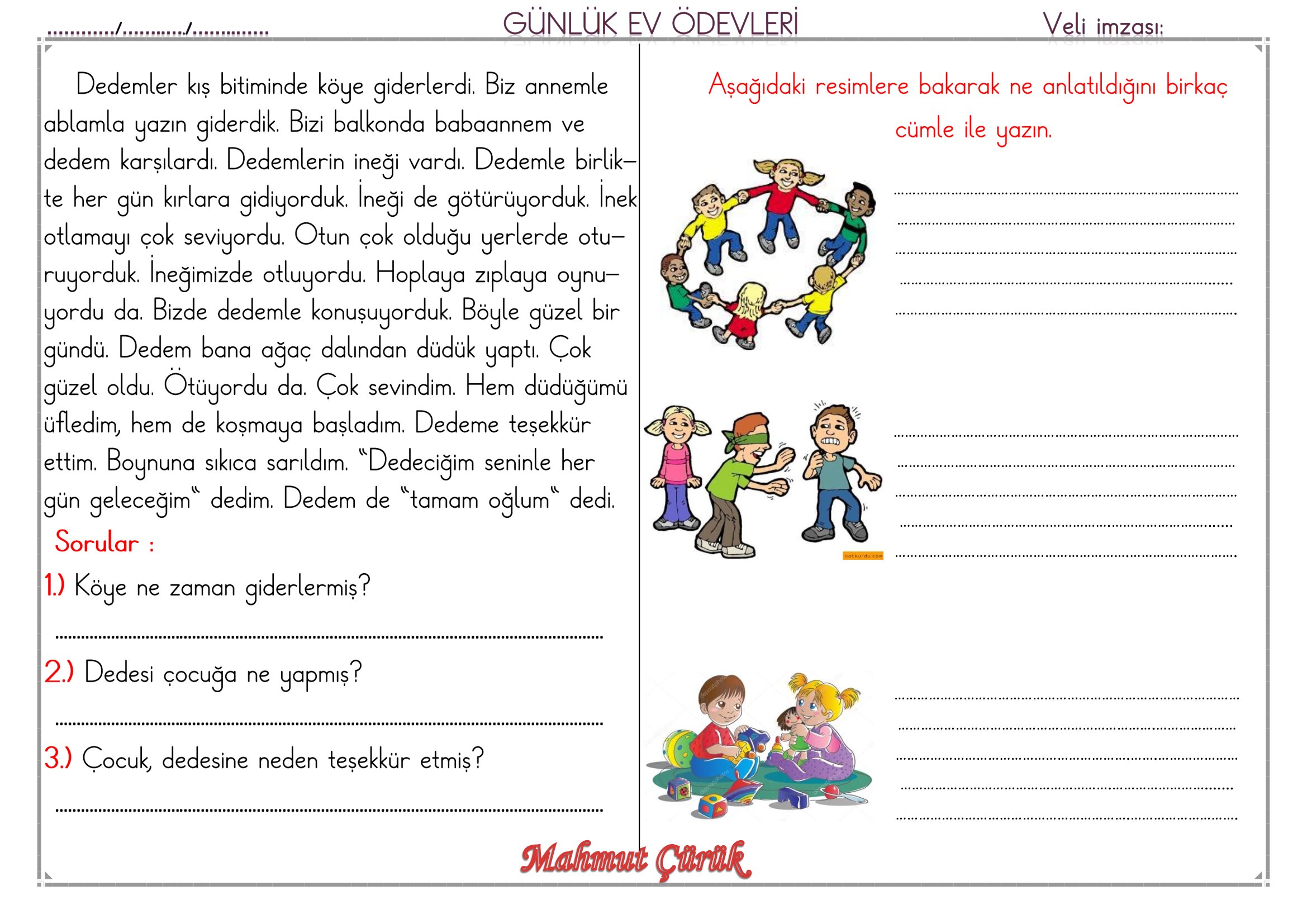 1.Sınıf - 29 Nisan 2026 Günlük Ev Ödevleri