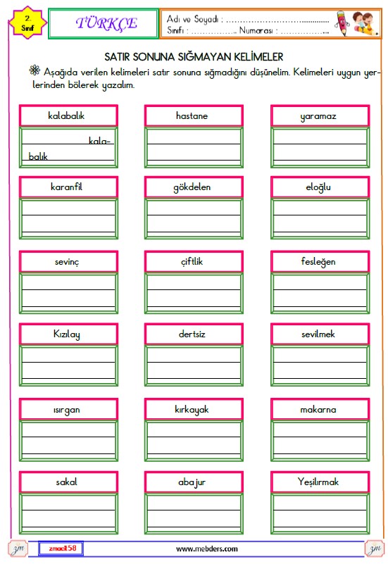 2. Sınıf Türkçe Satır Sonuna Sığmayan Kelimeler Etkinliği