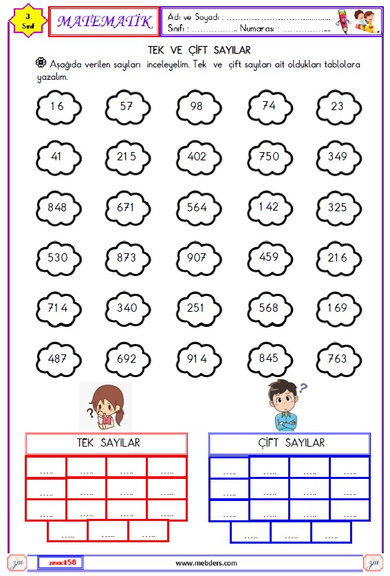 3. Sınıf Matematik Tek ve Çift Sayılar  Etkinliği 2