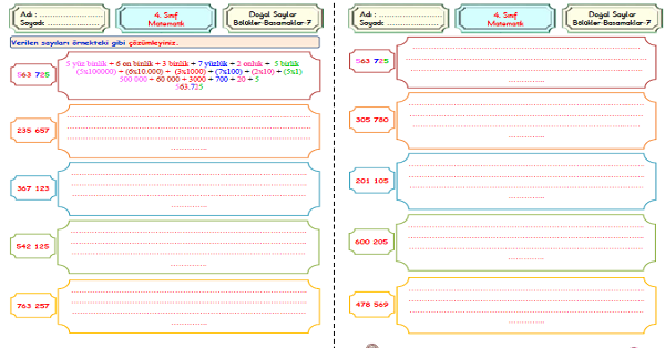 4.Sınıf Matematik Doğal Sayılarda Çözümleme Etkinliği 3