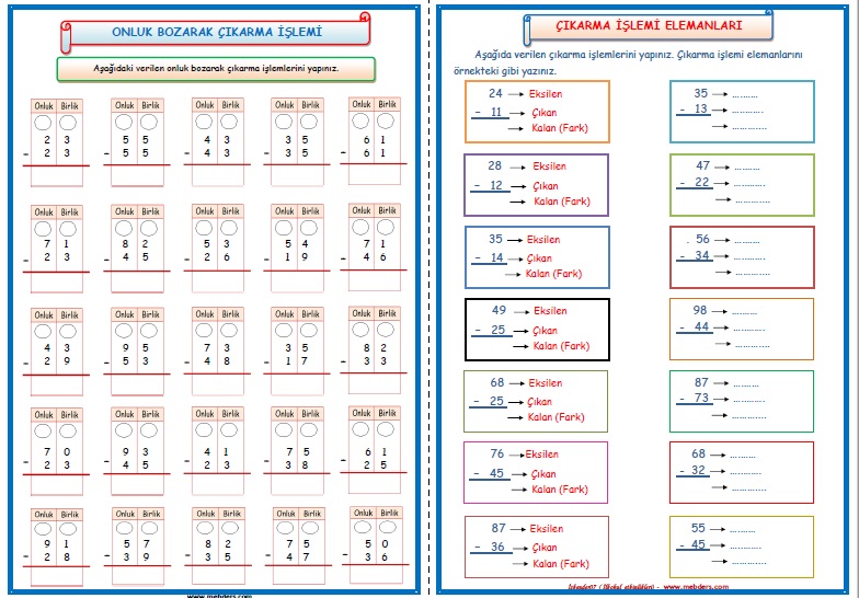 2.Sınıf Matematik Çıkarma İşlemi Çalışmaları  (9 Sayfa)
