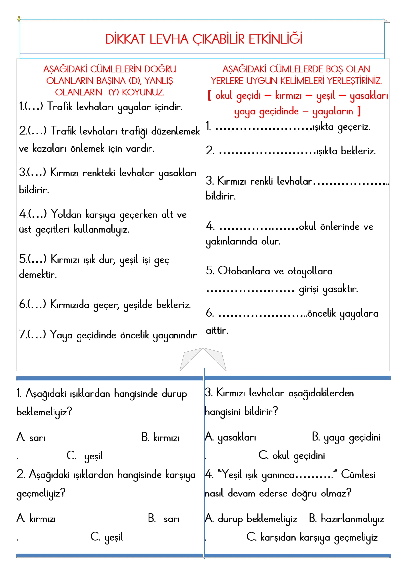 2.Sınıf - Hayat Bilgisi Dikkat, Levha Çıkabilir Etkinliği