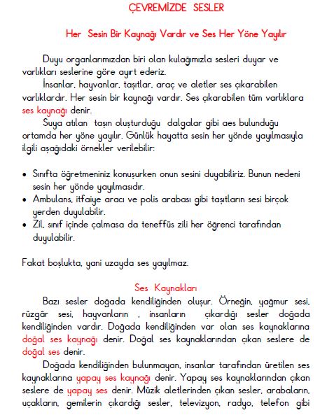 3.Sınıf Fen Bilimleri Ses Kaynakları Konu Özeti