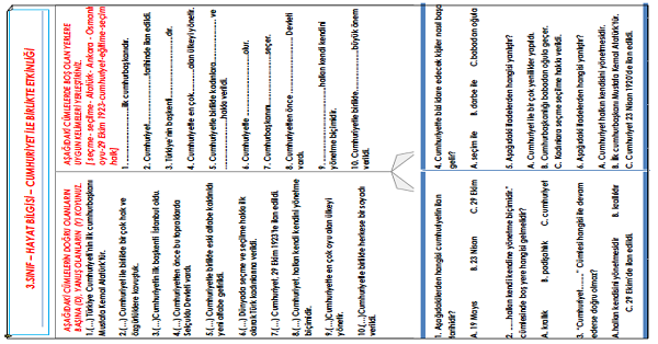 3.Sınıf - Hayat Bilgisi Cumhuriyetin Getirdiği Yenilikler Etkinliği
