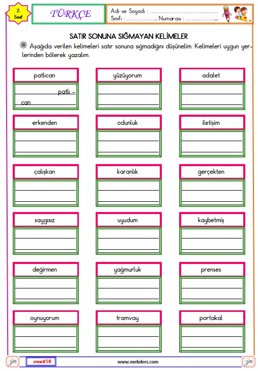 2. Sınıf Türkçe Satır Sonuna sığmayan Kelimeler Etkinliği