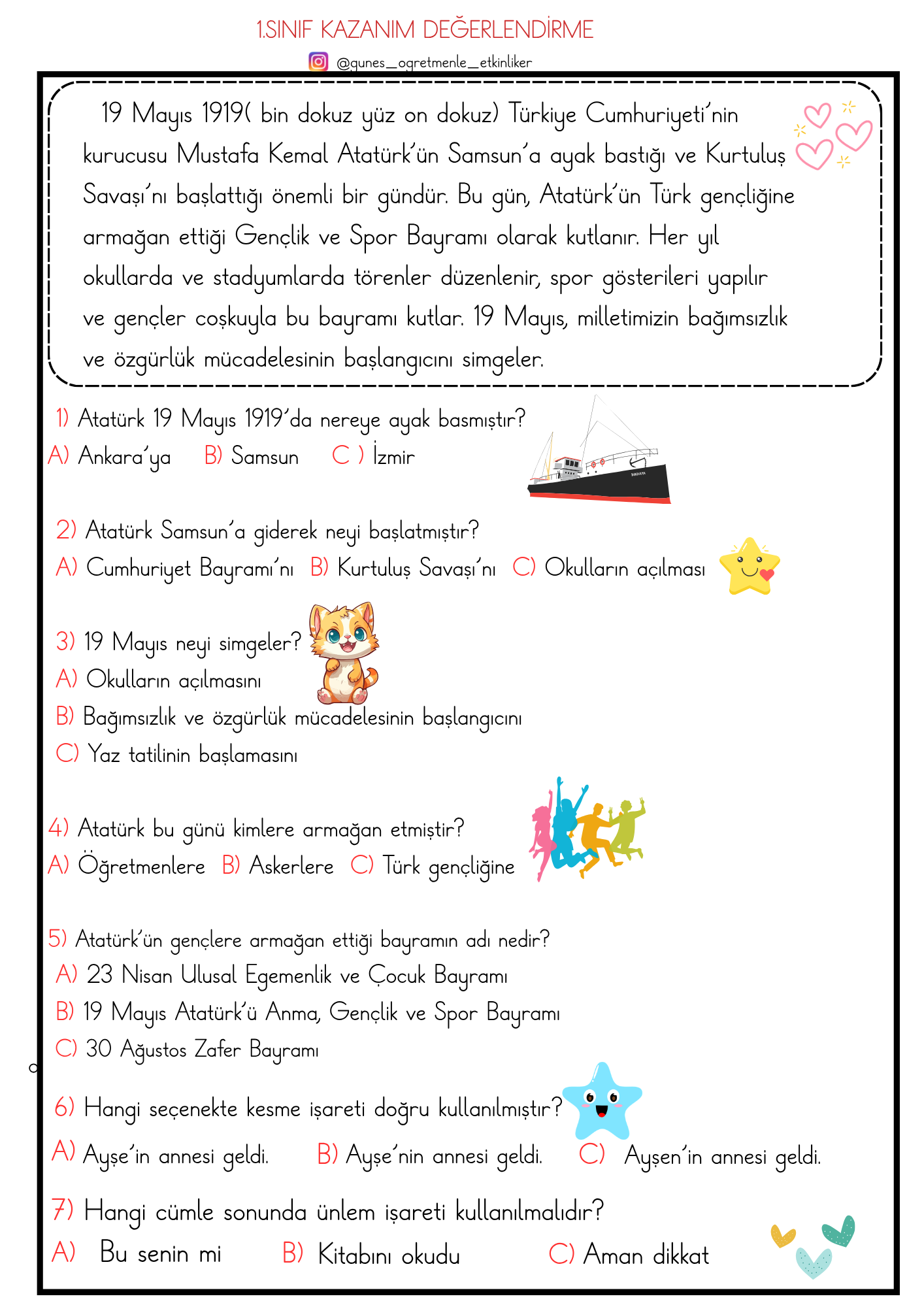1.Sınıf Kazanım Değerlendirme