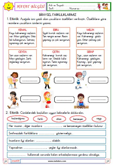 2. Sınıf Hayat Bilgisi Bireysel Farklılıklarımız Etkinliği