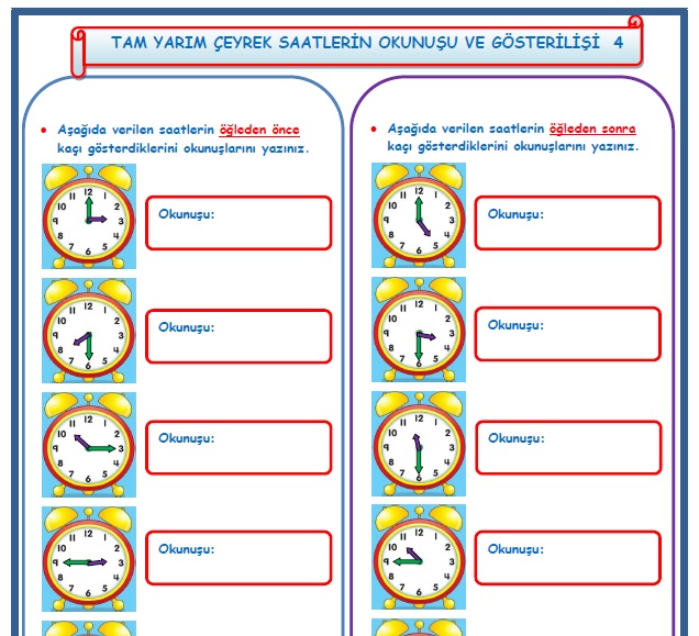 2.Sınıf Matematik Tam  Yarım Çeyrek Saatlerin Okunuşu ve Gösterilişi  4