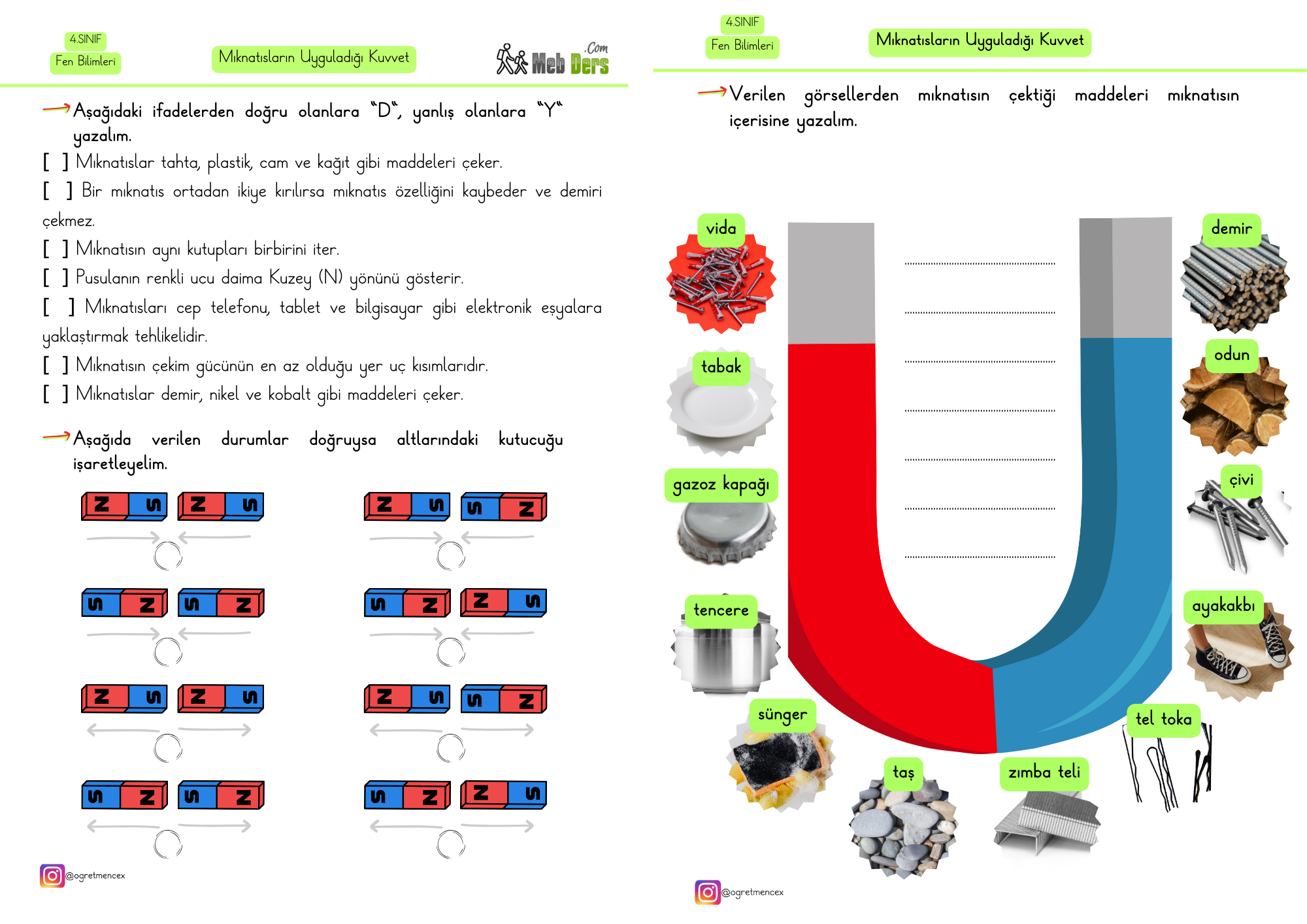 4. Sınıf Fen Bilimleri Mıknatısların Uyguladığı Kuvvet Çalışma Sayfası (2 Sayfa)