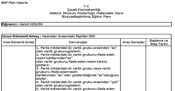 2. Sınıf Matematik Bireyselleştirilmiş Eğitim Planı (Bep) 2023-2024