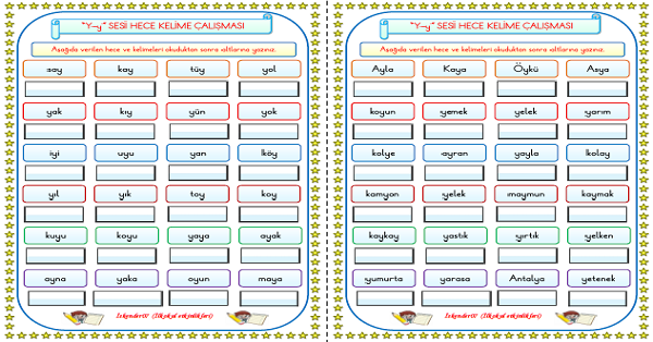 1. Sınıf İlk Okuma Yazma Y-y Sesi Hece Kelime Okuma Yazma Çalışması